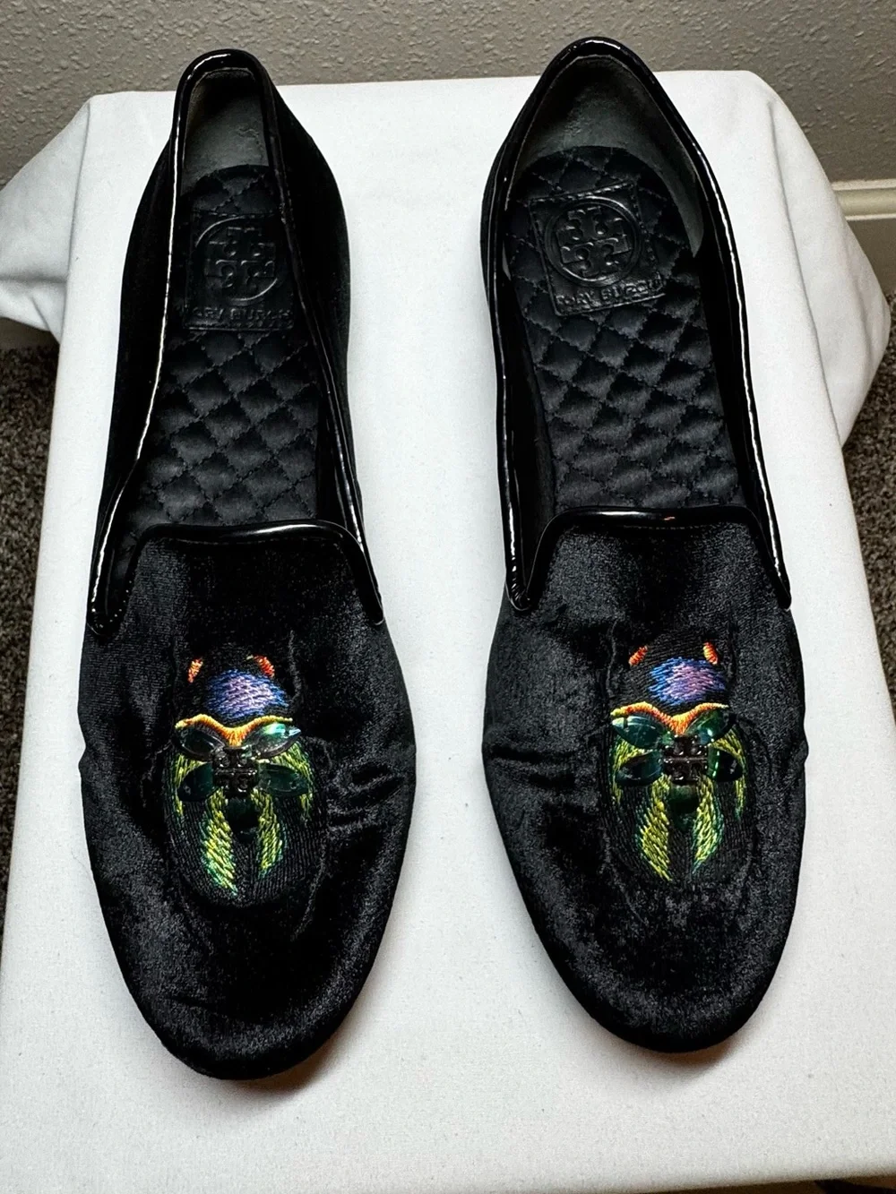 Tory Burch - Easton Black Velvet Embroidered Slip-On Loafers - 8.5
